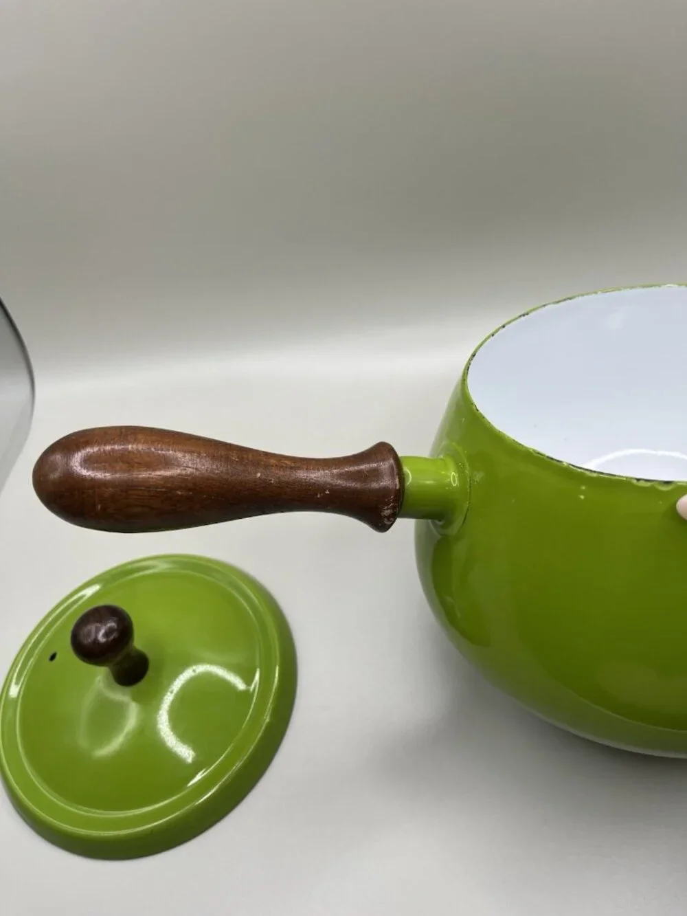 Vintage Enamel Mid Century Avocado Green Wood Handle Sauce Pan MCM Retro 70s